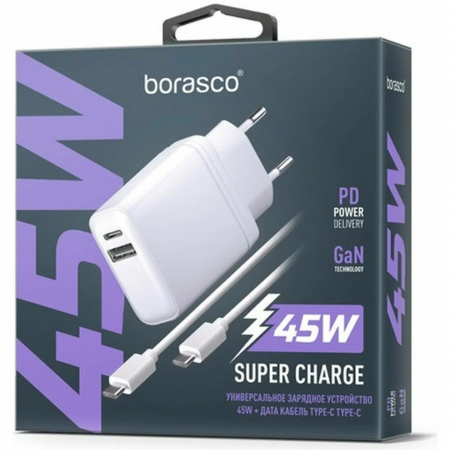 СЗУ BoraSCO USB-A+Type C PD+QC 45W + Дата кабель Type-C - Type-C 3A белое (52389) - интернет-магазин Сотомикс в Шексне
