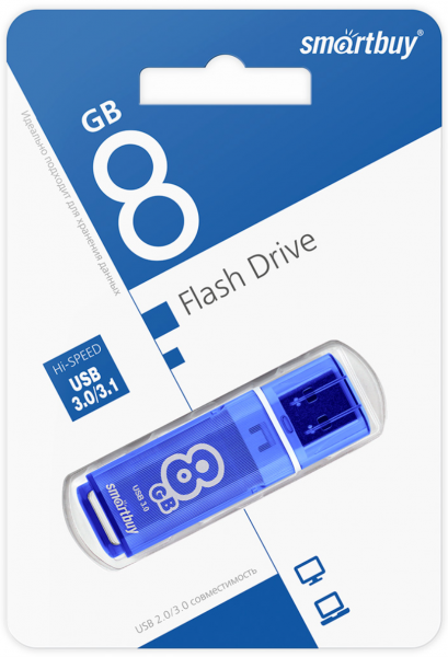 Флэш-память Smartbuy Glossy Series USB 3.0/3.1 8Gb Blue - интернет-магазин Сотомикс в Шексне