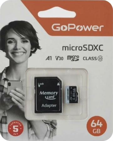 64Gb Карта памяти GoPower V30 microSD (10 class)+SD адаптером - интернет-магазин Сотомикс в Шексне