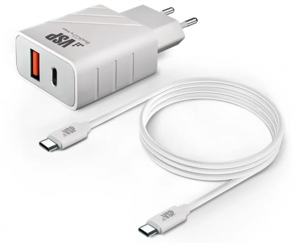 СЗУ BoraSCO USB-A+Type-C PD+QC 35W + Дата Кабель Type-C - Type-C 3A 1m белое (52387) - интернет-магазин Сотомикс в Шексне