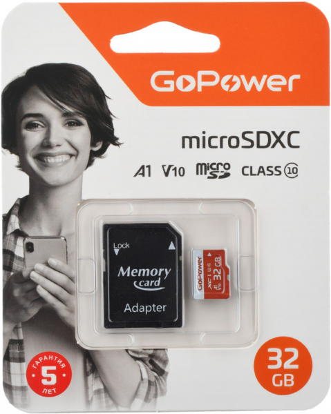 32Gb Карта памяти GoPower microSD 10 class+SD адаптер - интернет-магазин Сотомикс в Шексне